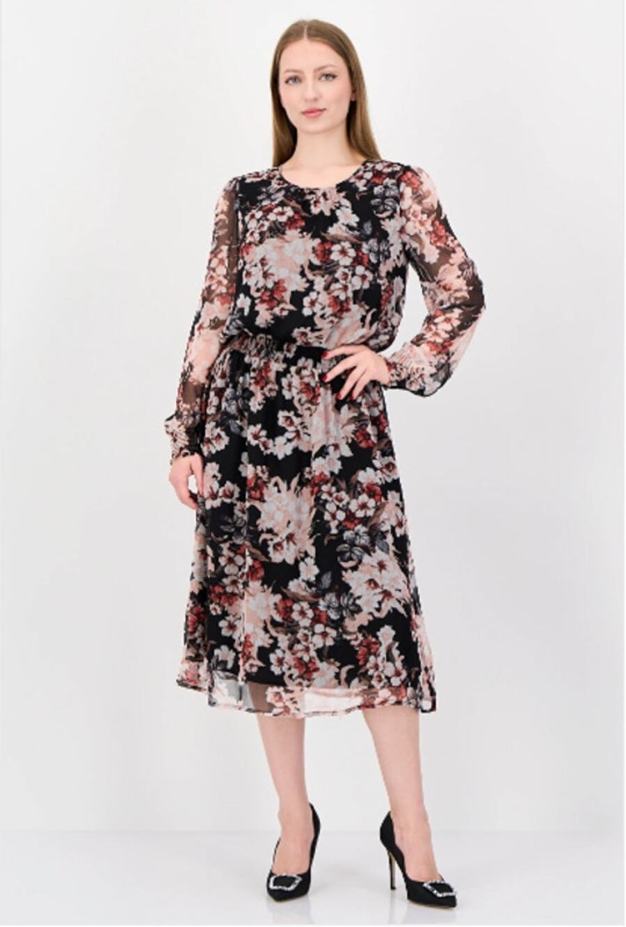 Vince Camuto Floral Print Sheer Long Sleeve Midi Dress - Women's Medium